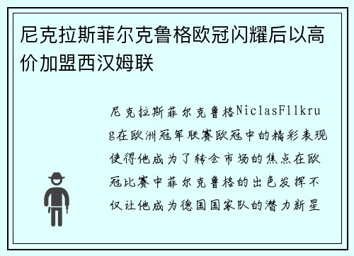 尼克拉斯菲尔克鲁格欧冠闪耀后以高价加盟西汉姆联 尼克拉斯菲尔克鲁格欧冠闪耀后以高价加盟西汉姆联