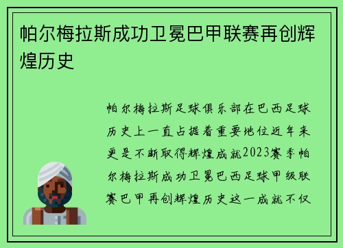 帕尔梅拉斯成功卫冕巴甲联赛再创辉煌历史 帕尔梅拉斯成功卫冕巴甲联赛再创辉煌历史